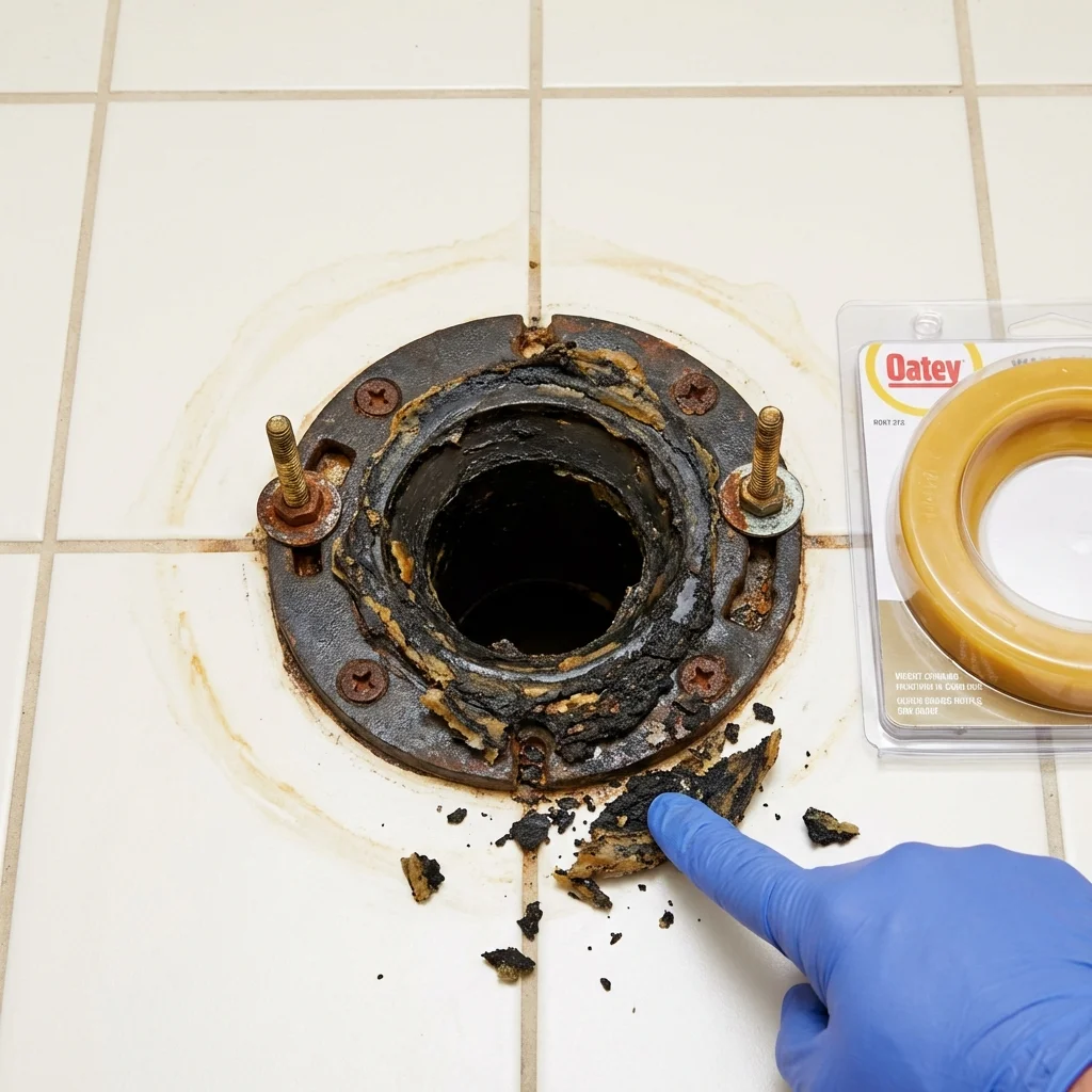 Failed wax ring showing water seepage at the base of a toilet in a Milan, IL home
