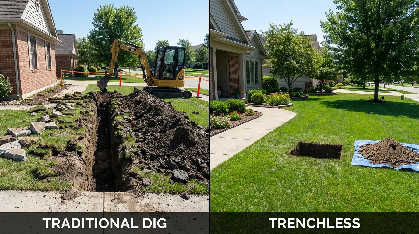 Trenchless sewer repair with minimal yard damage versus traditional excavation in Milan, IL