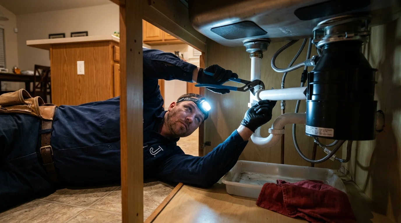 P-trap and supply line connections under a kitchen sink showing a common leak point in Milan, IL